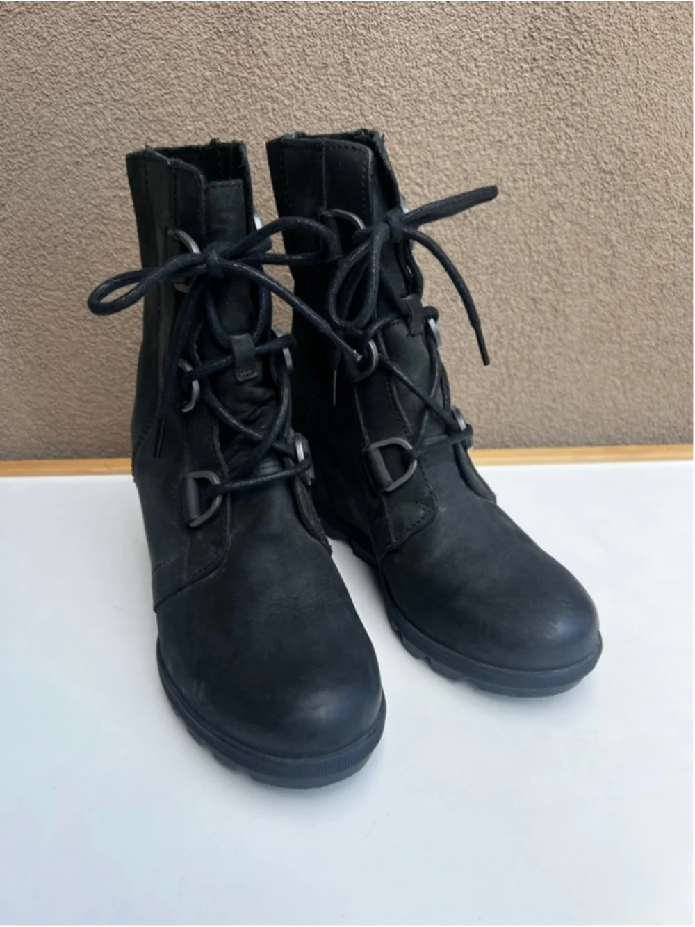 Sorel Black Wedge Boots Size 7.5 Joan of Arctic Leather Nubuck - Picture 2 of 8